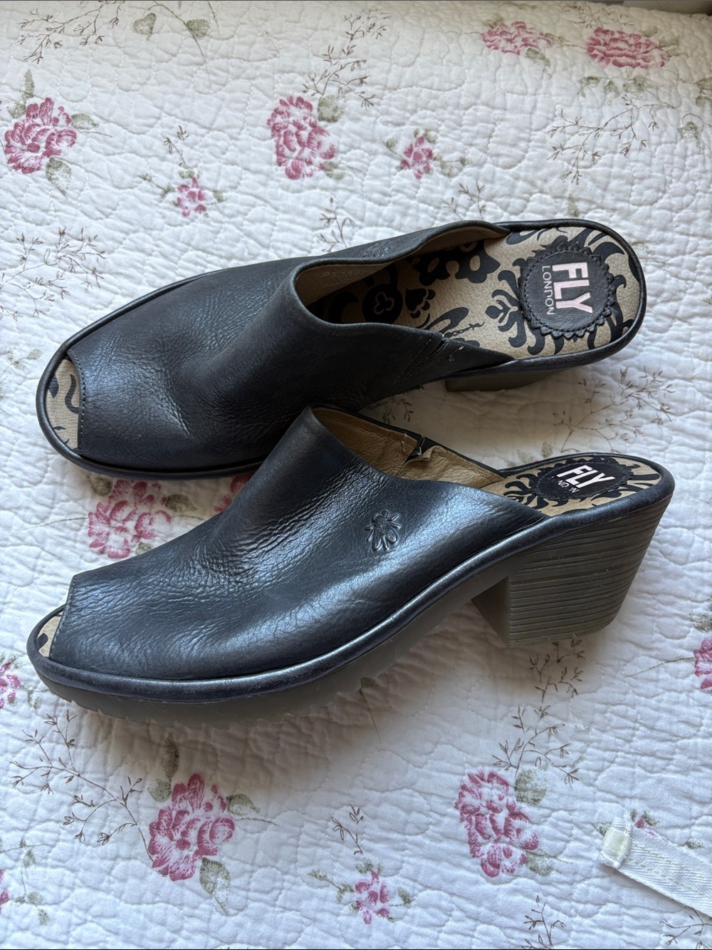 Fly London Black Leather Peep-Toe Mule Heels size 41